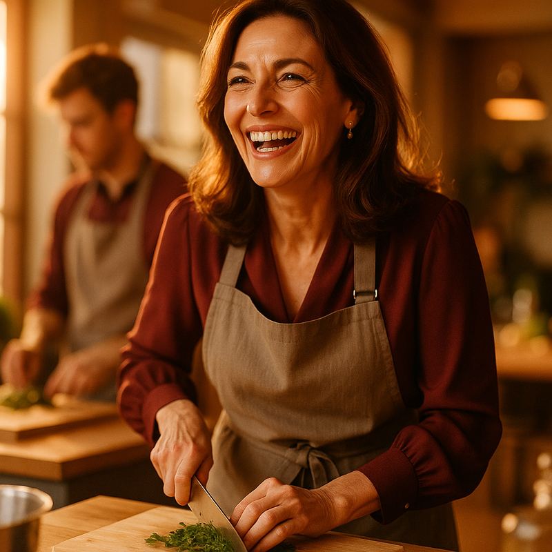 Femme mature souriante lors d’un atelier cuisine