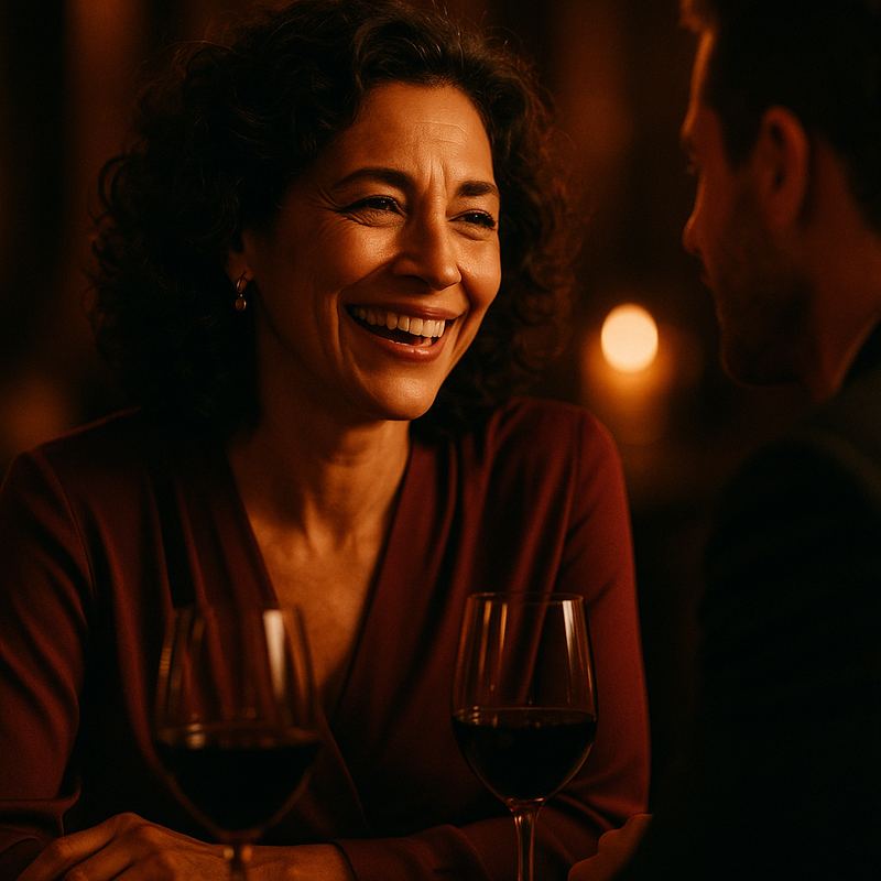 Couple souriant partageant un verre de vin en soirée