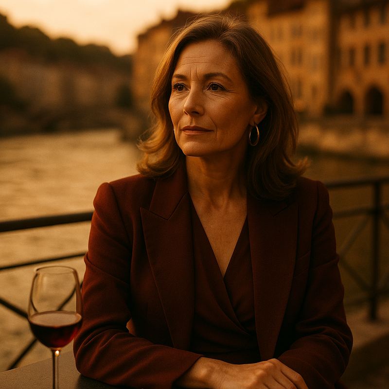 Femme mature élégante en terrasse au bord du Rhône à Lyon