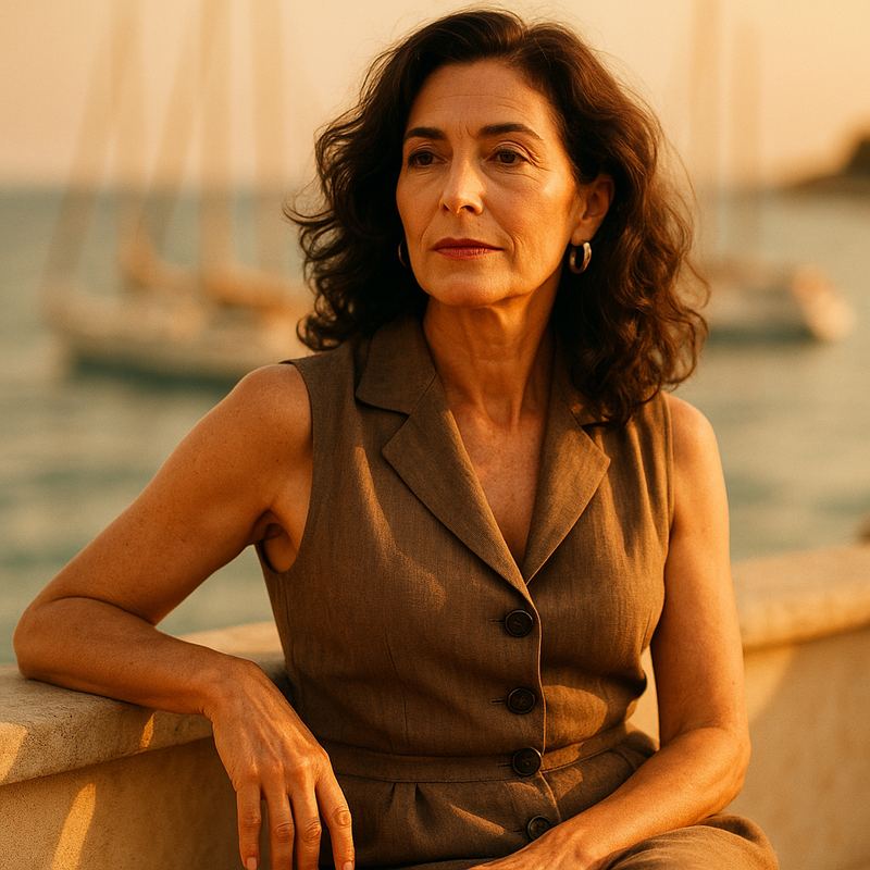 Femme mature élégante sur une terrasse face à la mer à Marseille