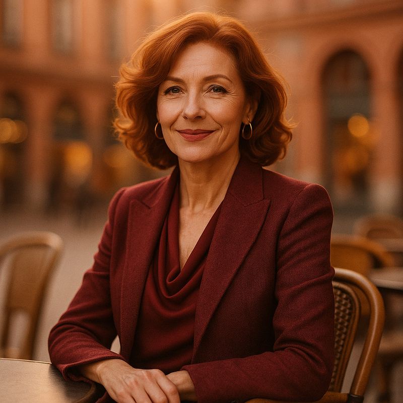 Femme mature souriante en terrasse devant l&rsquo;architecture toulousaine