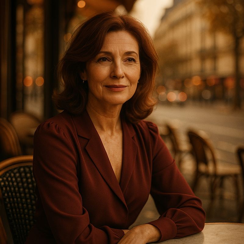 Femme mature élégante souriante en terrasse de café