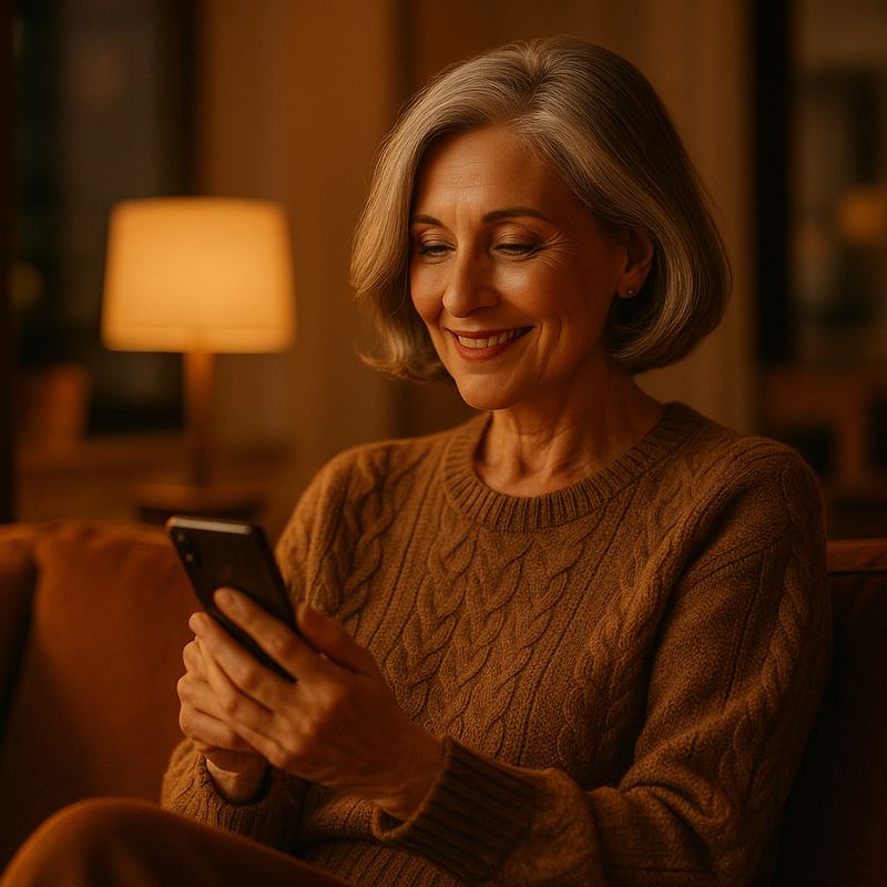 Femme mature souriante chez elle avec son smartphone